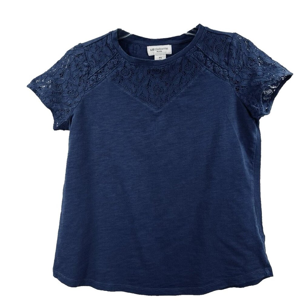 Liz Claiborne Petite Women's Top Navy Blue with Lace Pullover Cap Sleeve Size PS
